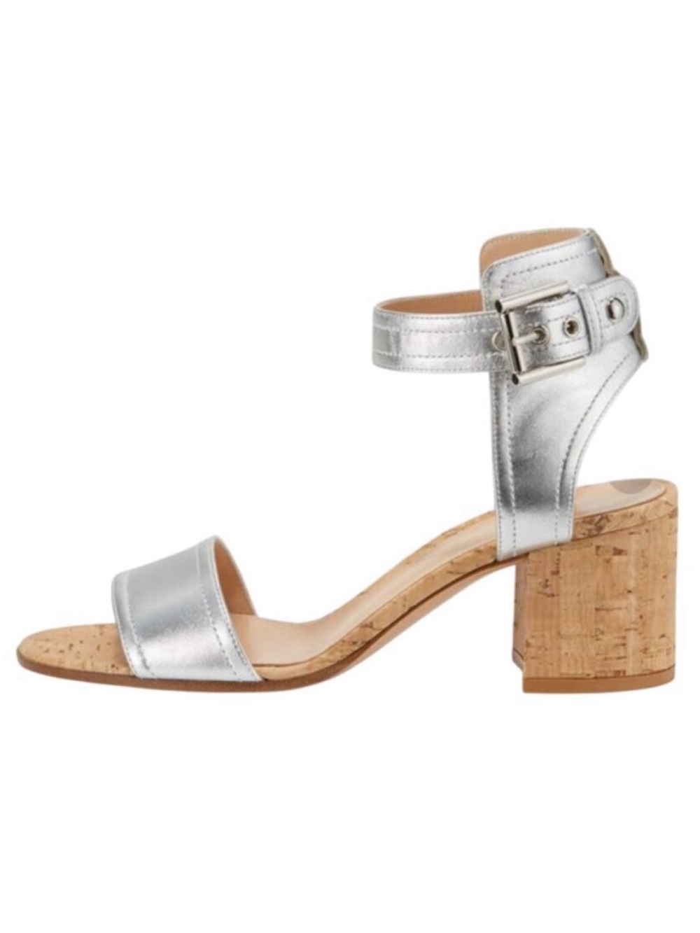 Gianvito Rossi Rikki Silver Leather Ankle Strap Cork Block Heels 6.5